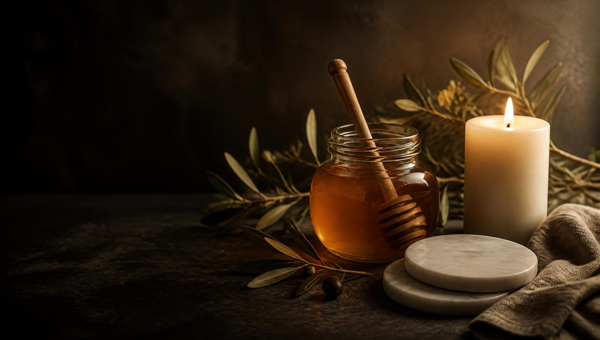 Greek honey, a candle, coasters and olive branches arranged on stone
